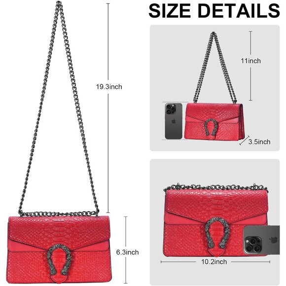⚡ Women's Red Snake Vegan Leather Print Casual Fashion Satchel Crossbody Handbag - Picture 5 of 7